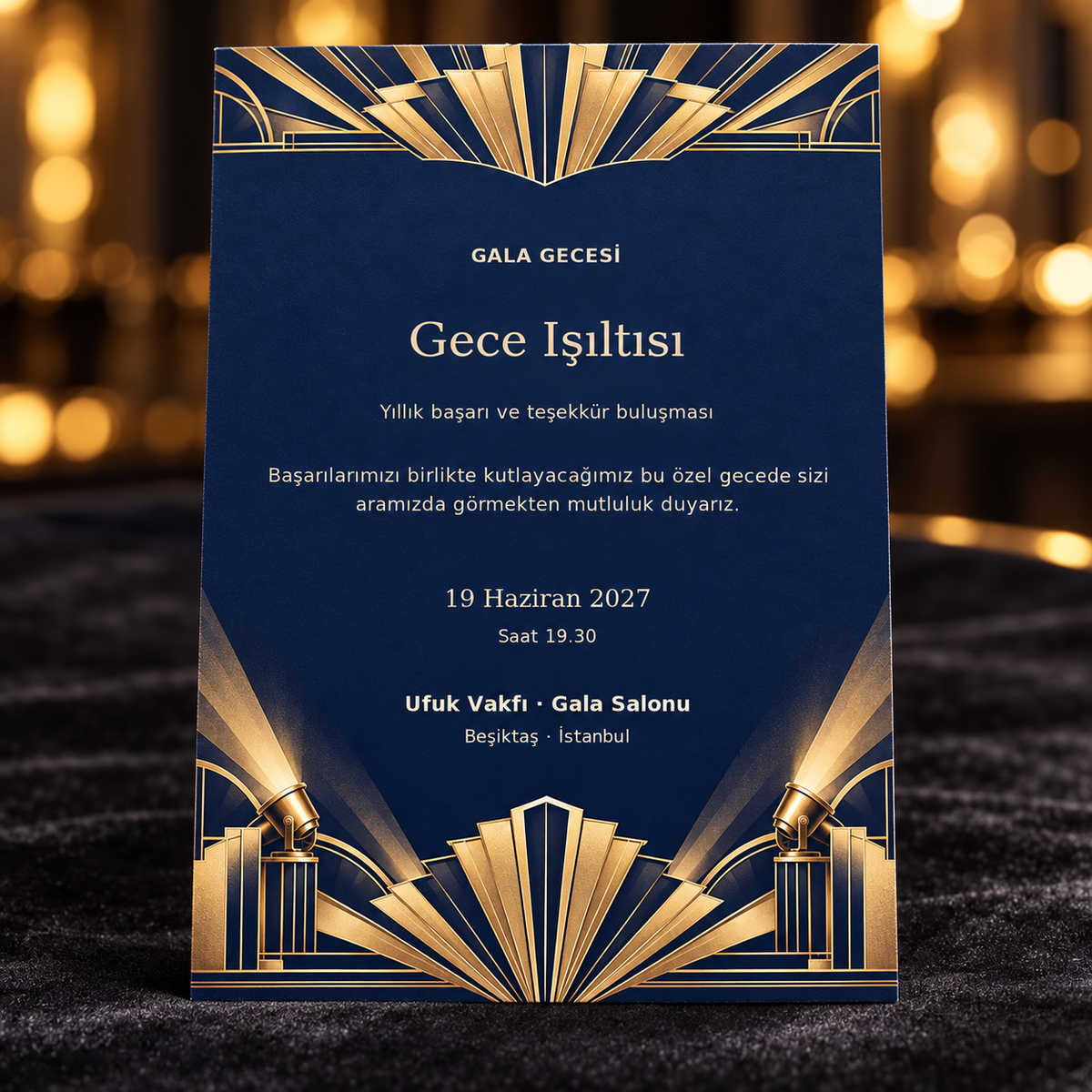 Gece Işıltısı Gala Gecesi davetiyesi mockup — 100 adet, zarfsız
