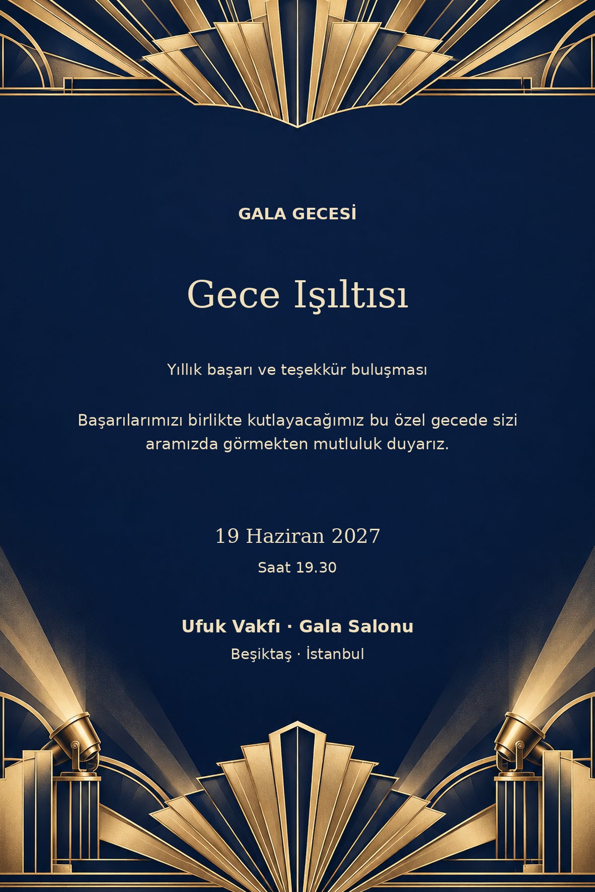 Gece Işıltısı Gala Gecesi davetiyesi düz tasarım — 100 adet, zarfsız
