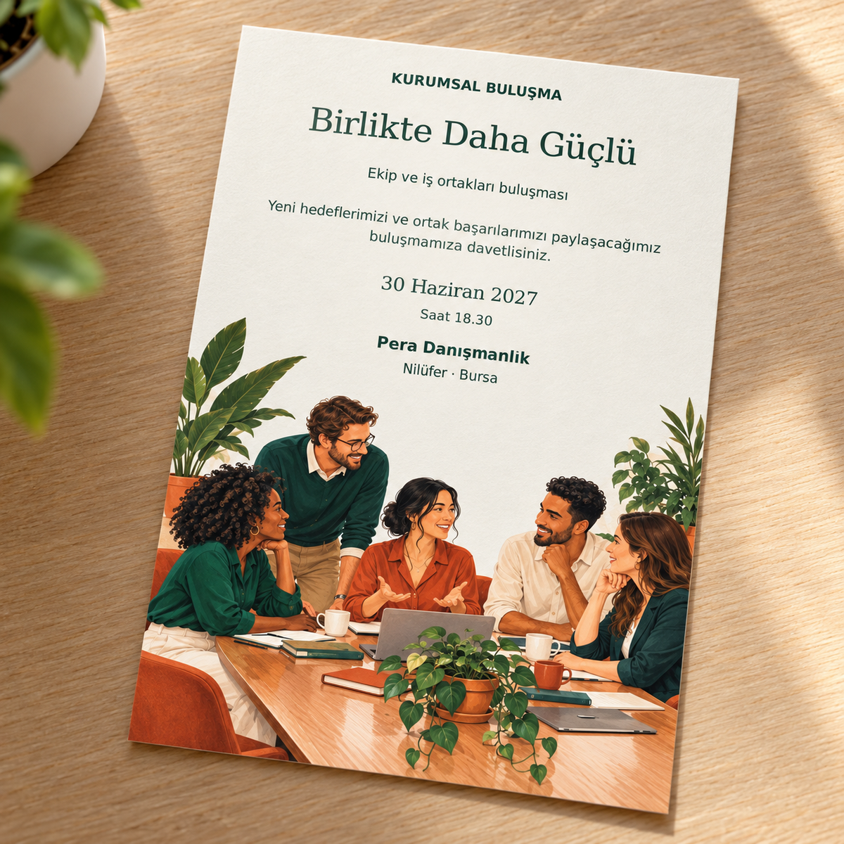 Birlikte Daha Güçlü Kurumsal Buluşma davetiyesi mockup — 100 adet, zarfsız