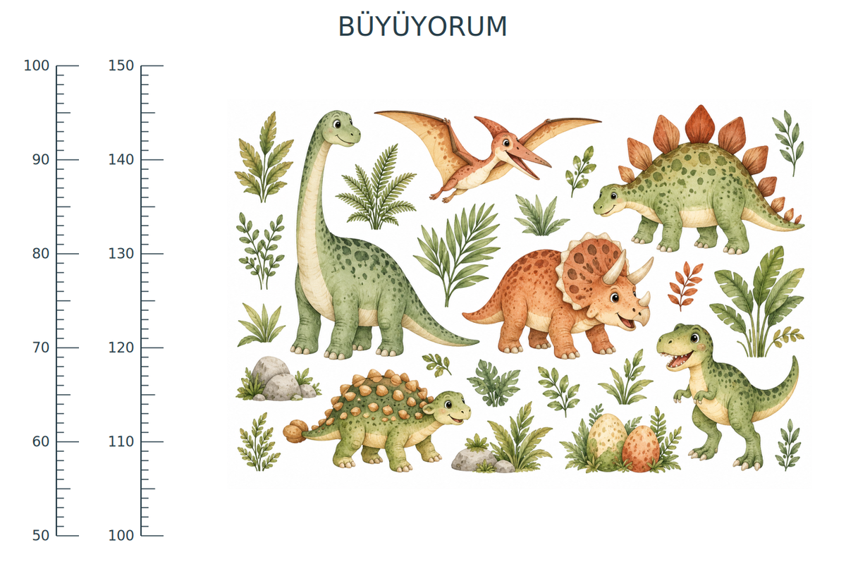 Dinozor Bahçesi Anaokulu Boy Ölçer Sticker – ST-HC-1003 90 x 60 cm