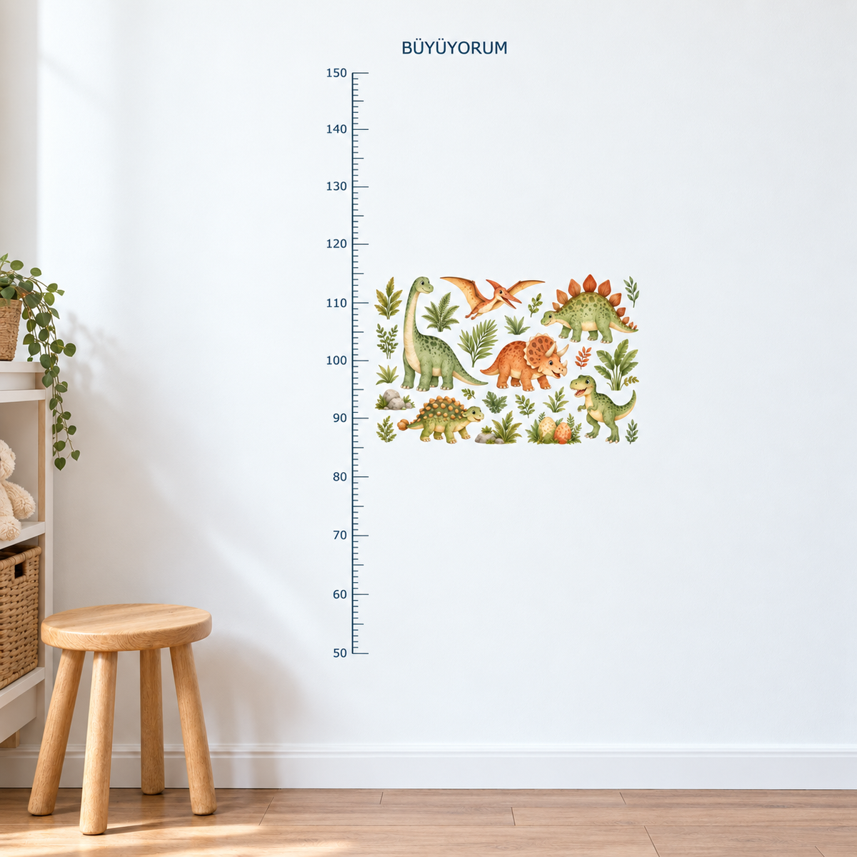 Dinozor Bahçesi Anaokulu Boy Ölçer Sticker – ST-HC-1003 duvar üzerinde temsili uygulama mockup