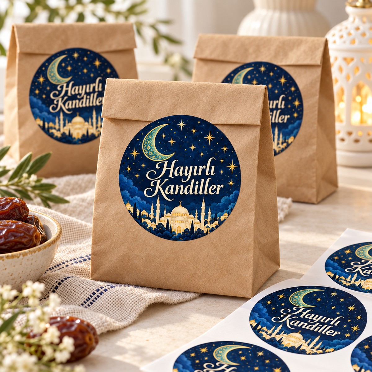 Gece Mavisi Cami Hayırlı Kandiller etiketi hediye paketi mockupı