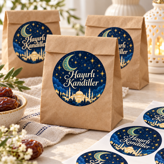 Gece Mavisi Cami Hayırlı Kandiller etiketi hediye paketi mockupı