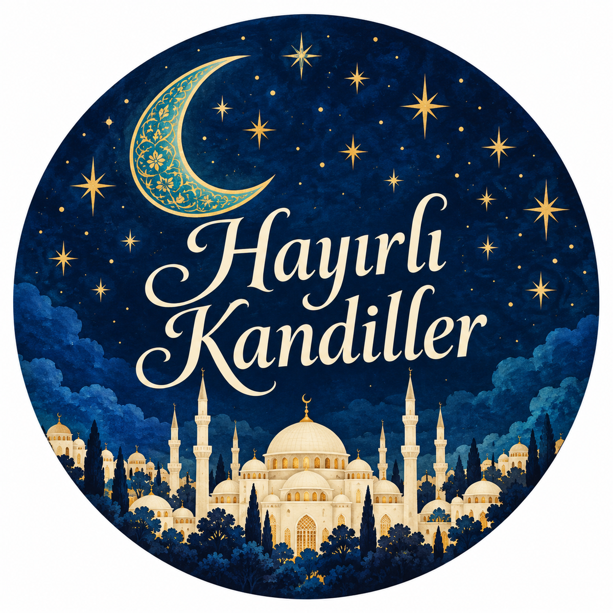 Gece Mavisi Cami Hayırlı Kandiller etiketi baskı tasarımı