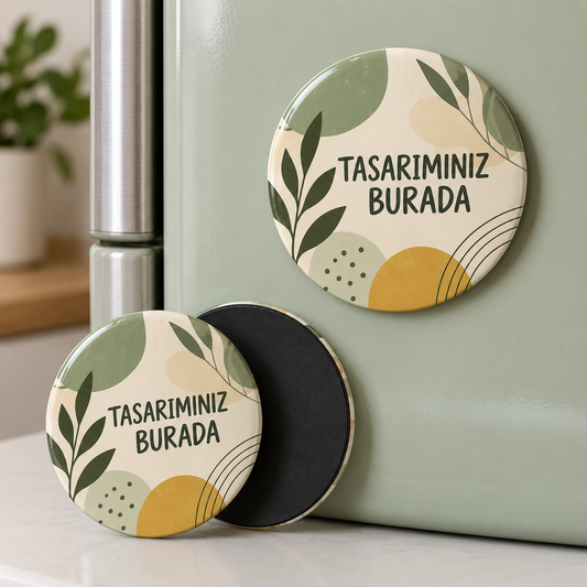 Kişiye özel yuvarlak magnet, mıknatıslı arka görünüm