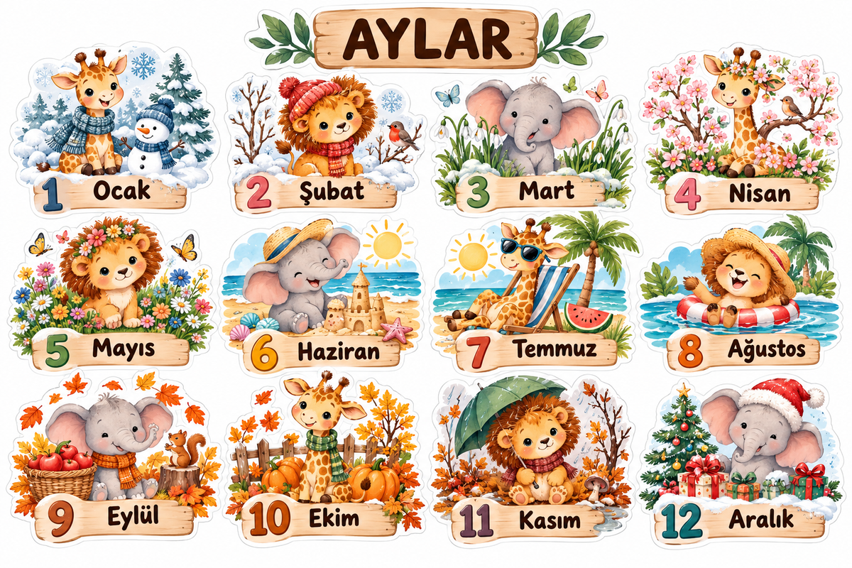 Pastel Safari Aylar Sticker Seti – ST-MO-1001 yeni tasarım