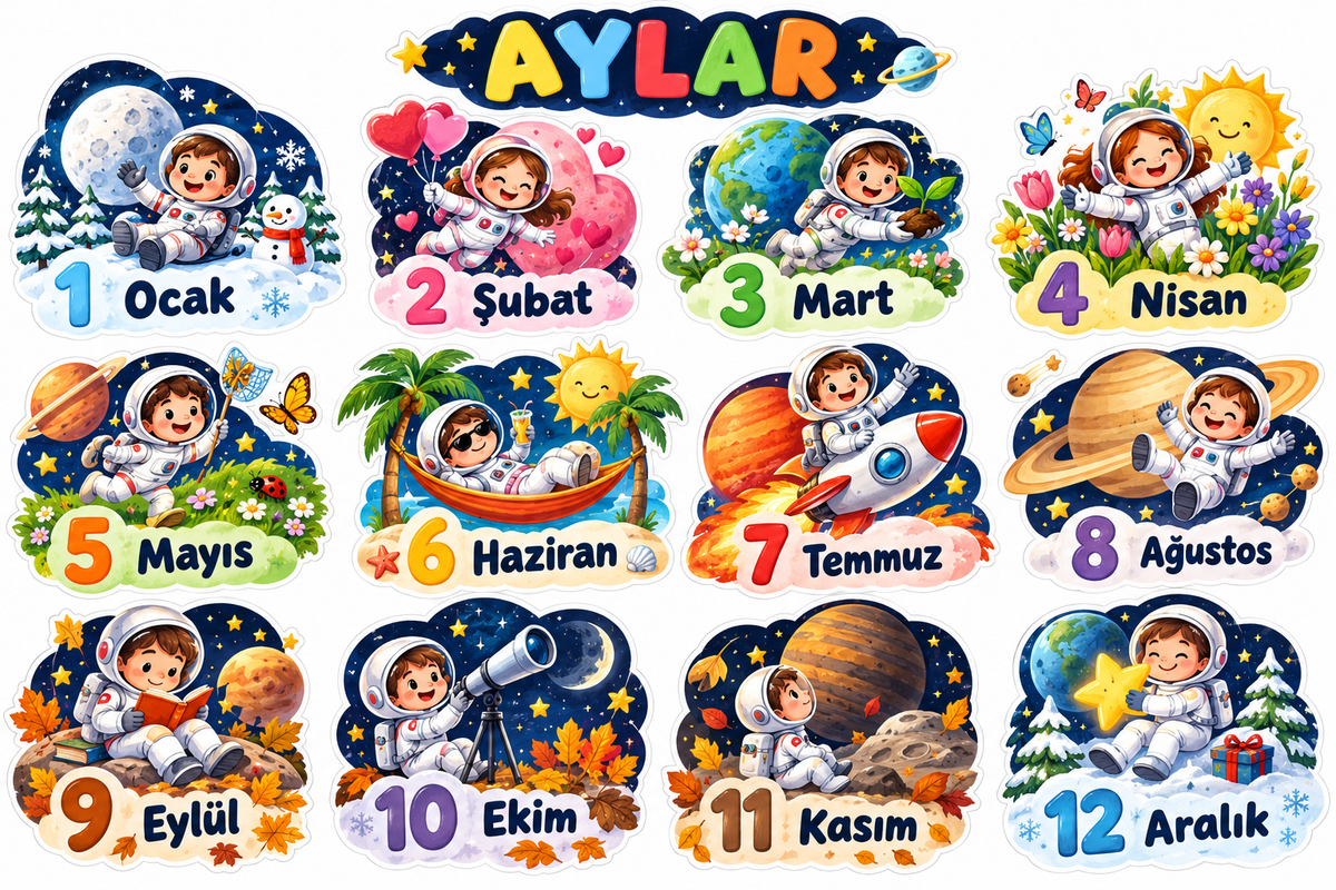 Uzay Aylar Sticker Seti – ST-MO-1002 yeni tasarım