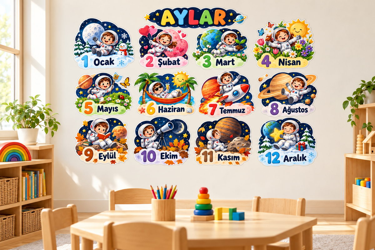 Uzay Aylar Sticker Seti – ST-MO-1002 sınıf duvarında uygulama mockup