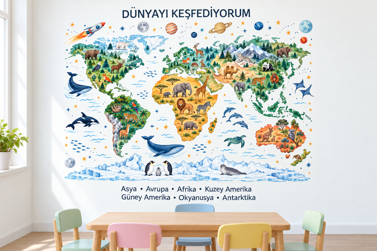 Uzay Dünya Haritası Sticker Seti – ST-MP-1002 sınıf duvarında uygulama mockup