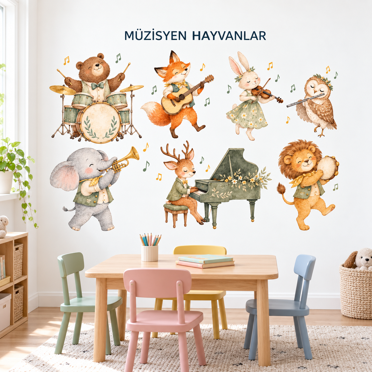 Pastel Safari Müzisyen Hayvanlar Sticker Seti – ST-MU-1001 sınıf duvarında uygulama mockup