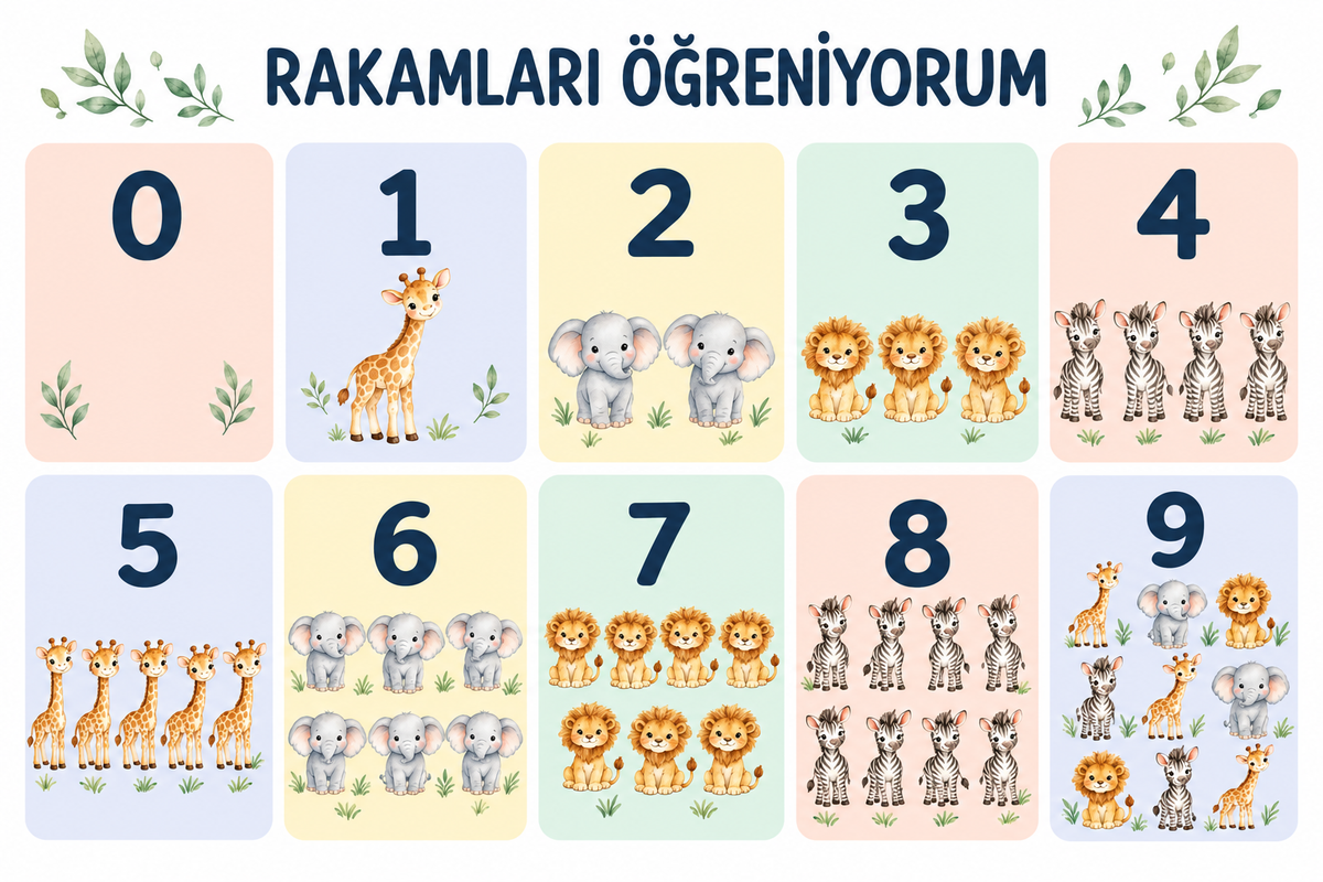 Pastel Safari Rakamlar – 90 × 60 cm, sayılarla eşleşen safari hayvanları