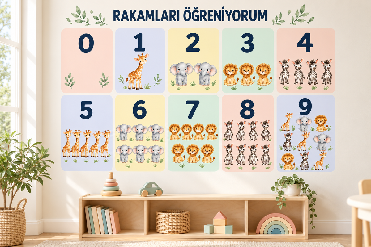 Pastel Safari Rakamlar – yeni tasarımın temsili çocuk odası uygulaması