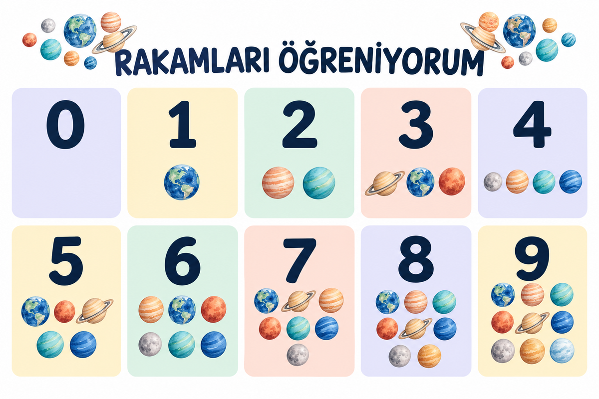 Uzay Rakamlar Sticker Seti – 90 × 60 cm, rakamlarla eşleşen gezegenler