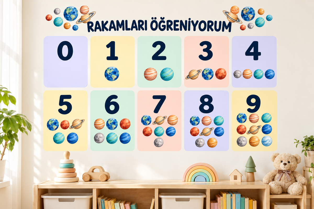 Uzay Rakamlar gezegenli sticker seti – temsili çocuk odası uygulaması