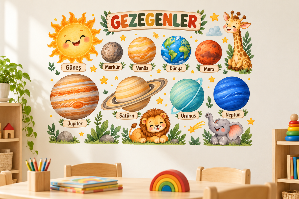 Pastel Safari Gezegenler Sticker Seti – ST-PL-1001 sınıf duvarında uygulama mockup