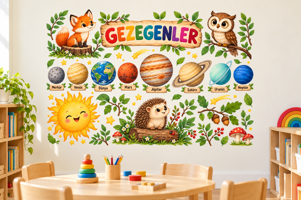 Orman Gezegenler Sticker Seti – ST-PL-1003 sınıf duvarında uygulama mockup