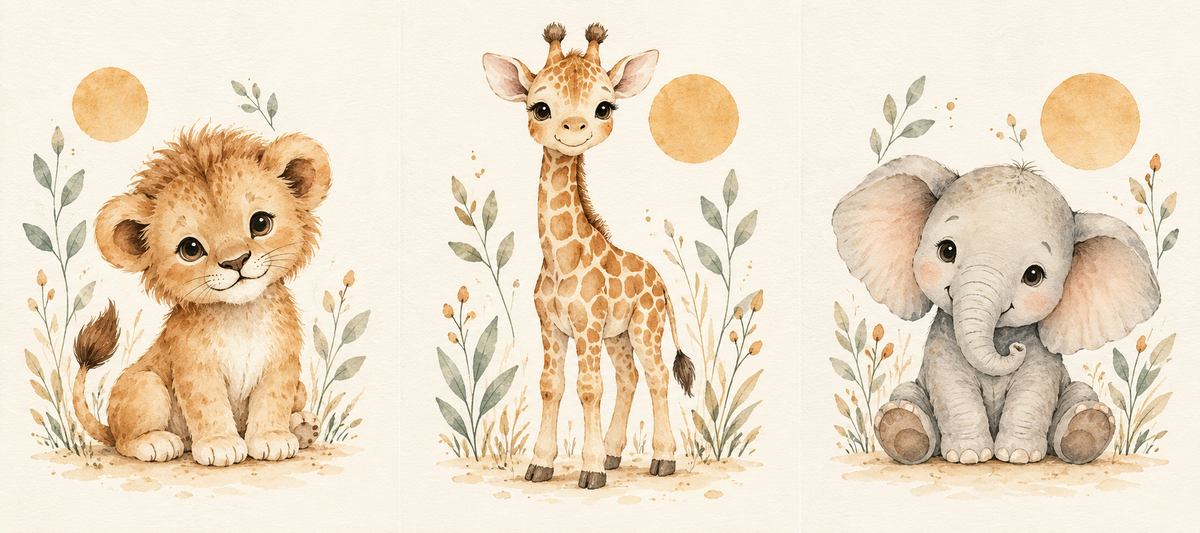 Pastel Safari üçlü çocuk odası poster seti düz baskı tasarımları