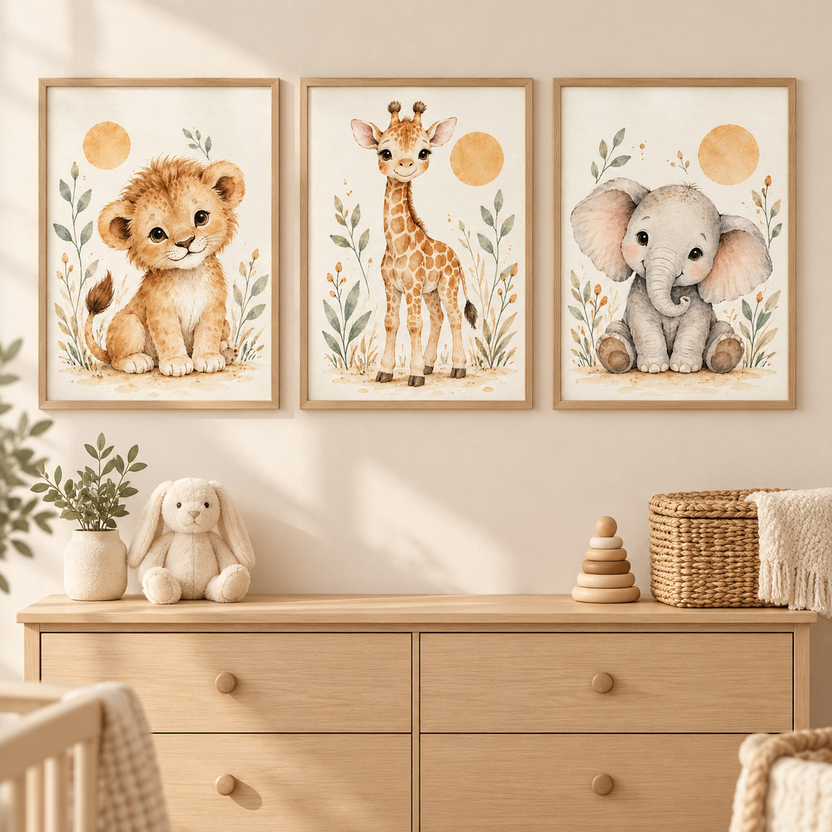 Pastel Safari üçlü çocuk odası poster seti oda mockupı; çerçeveler dahil değildir