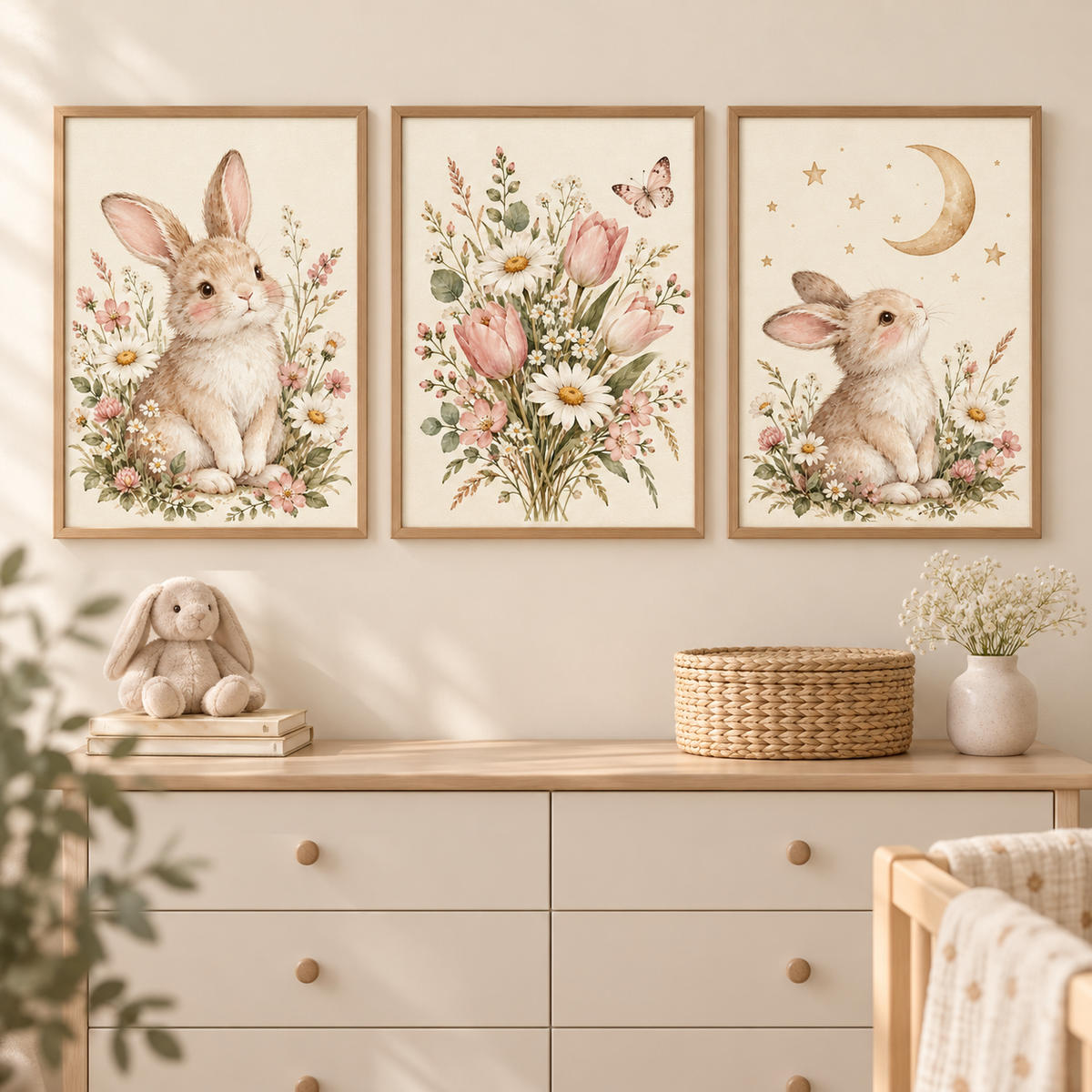 Çiçekli Tavşan üçlü çocuk odası poster seti oda mockupı; çerçeveler dahil değildir