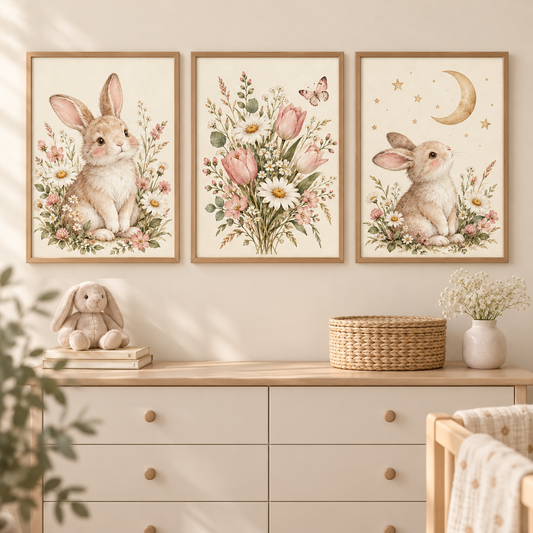 Çiçekli Tavşan üçlü çocuk odası poster seti oda mockupı; çerçeveler dahil değildir