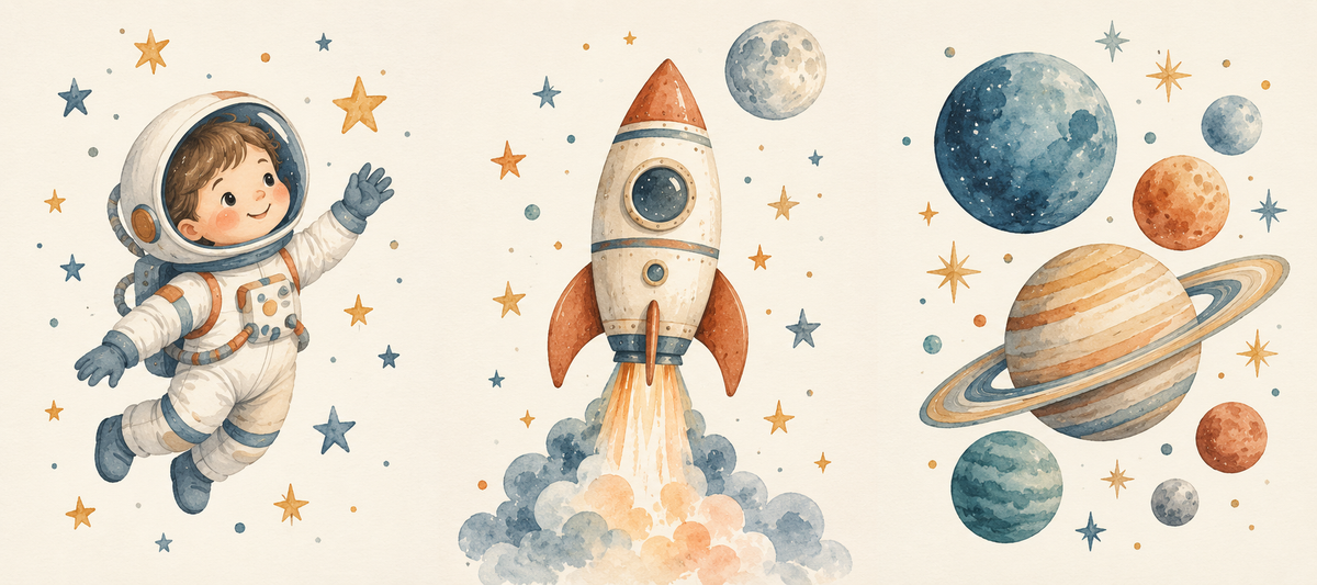 Minik Astronot üçlü çocuk odası poster seti düz baskı tasarımları