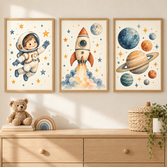 Minik Astronot üçlü çocuk odası poster seti oda mockupı; çerçeveler dahil değildir
