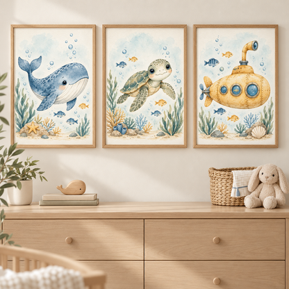 مجموعة ملصقات غرفة الأطفال الثلاثية Ocean Friends بالحجم الطبيعي؛ الإطارات غير متضمنة