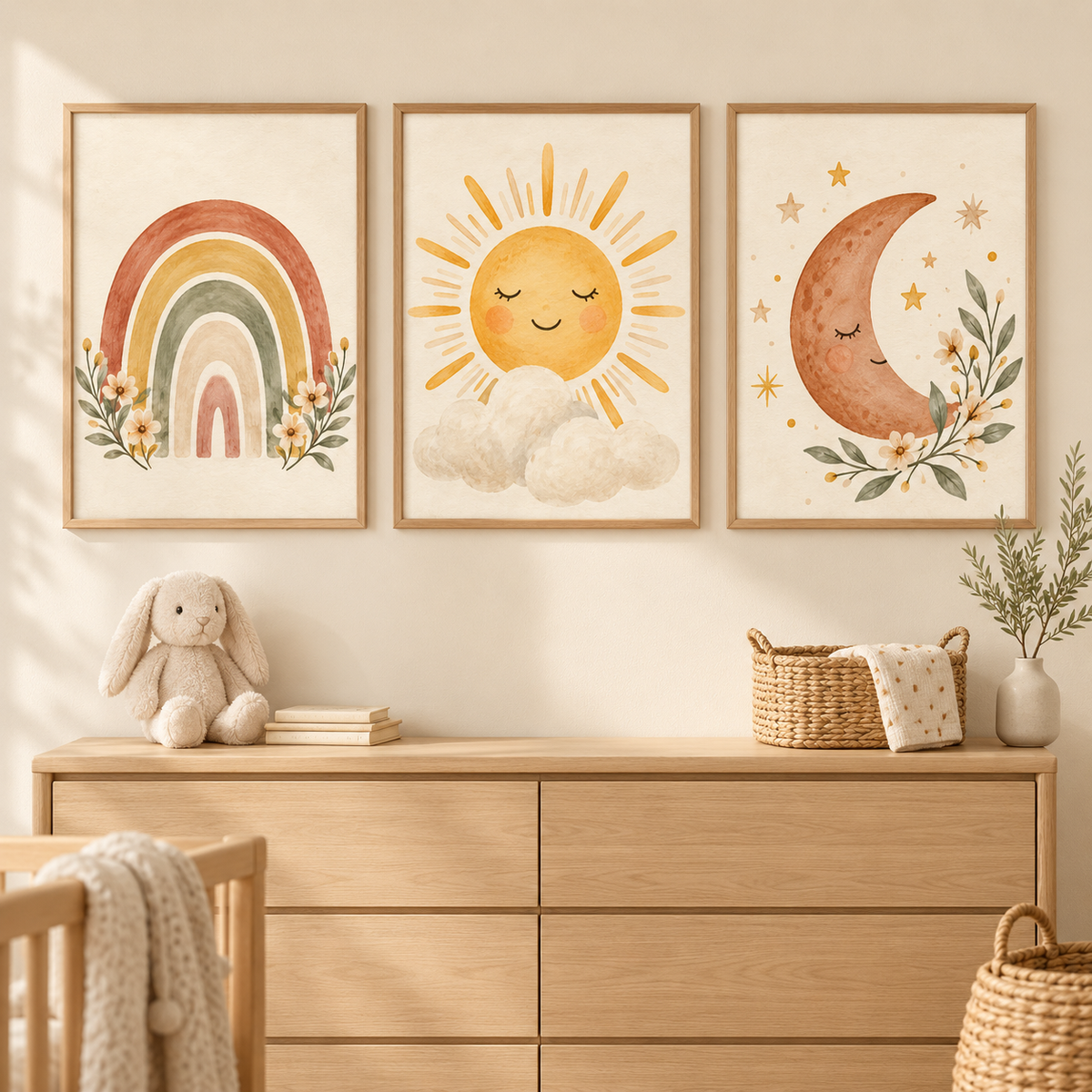 Boho Gökkuşağı üçlü çocuk odası poster seti oda mockupı; çerçeveler dahil değildir