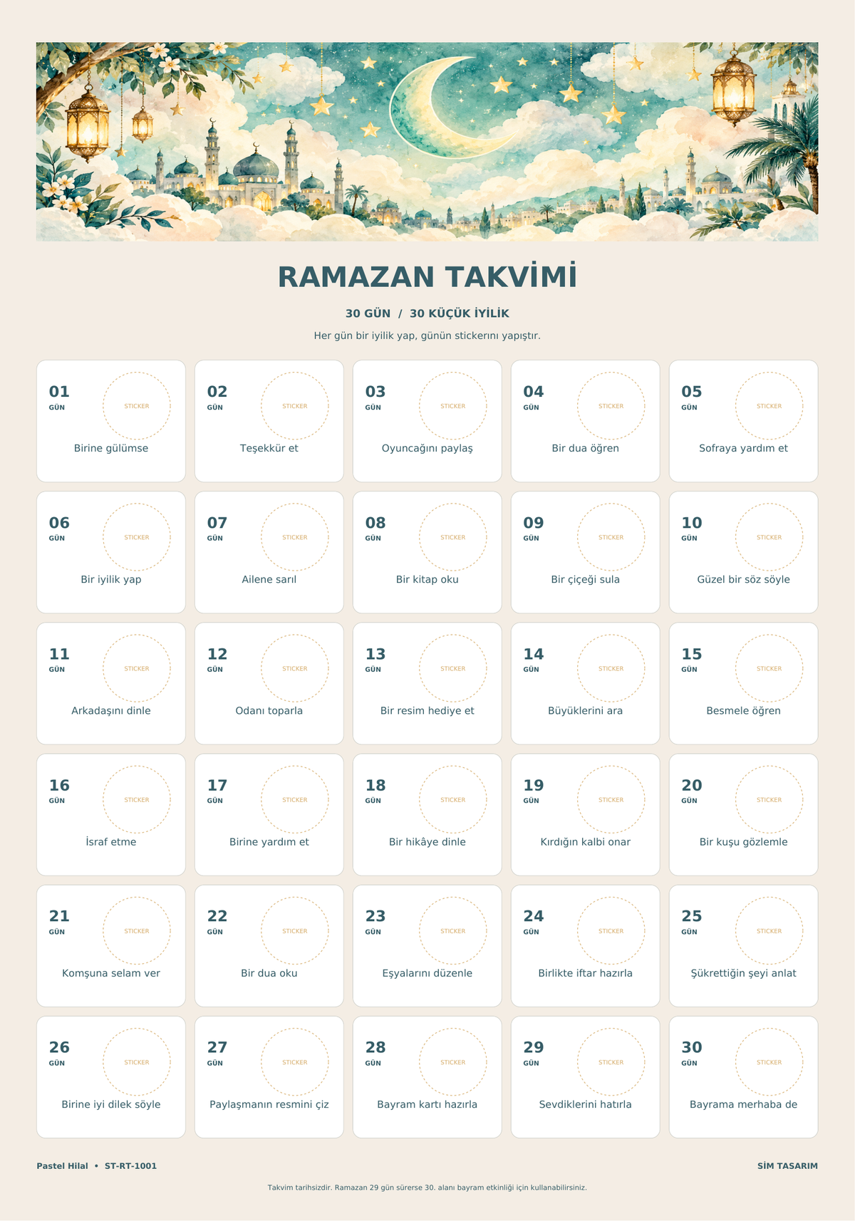 30 günlük takvimin eksiksiz baskı görünümü