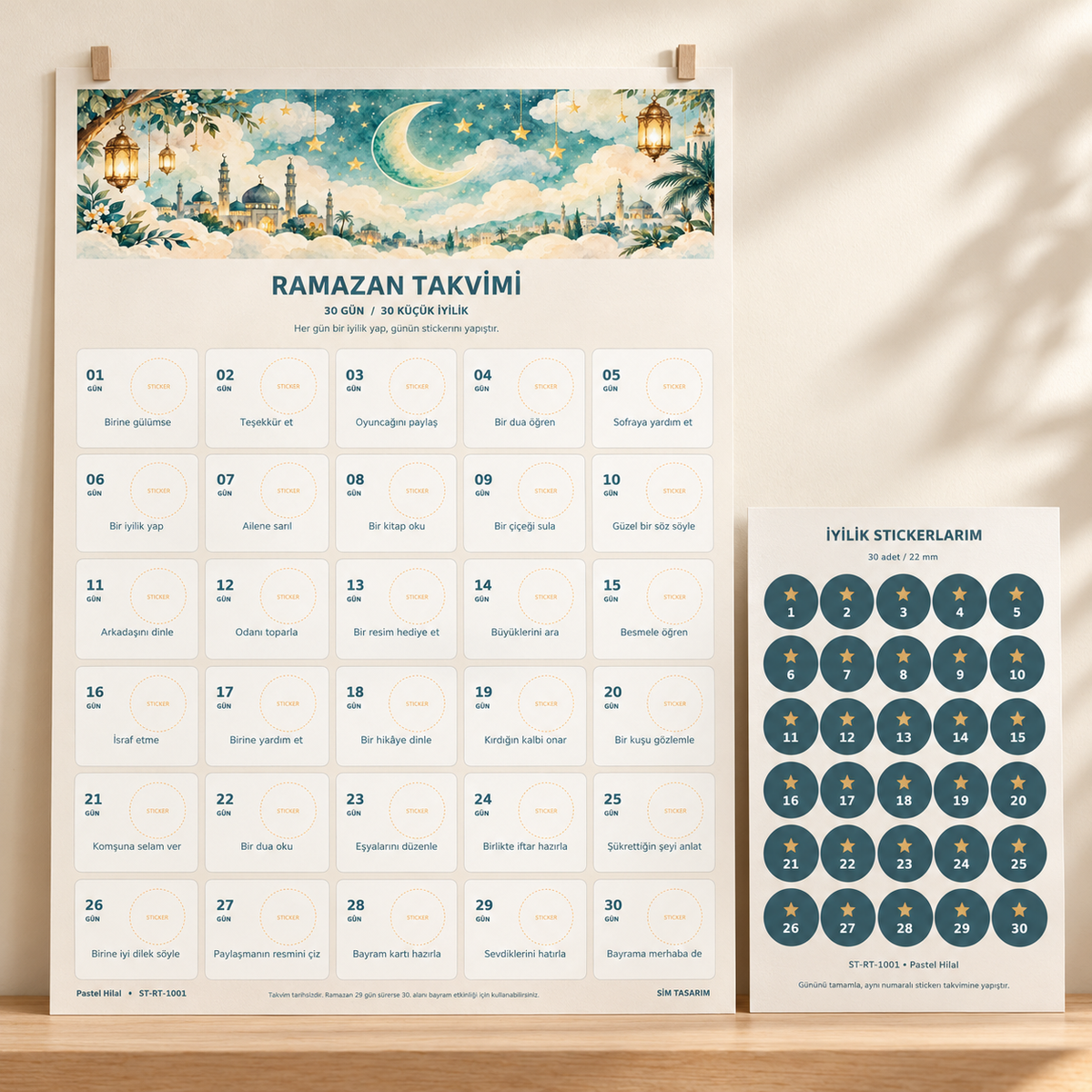 Pastel Hilal Ramazan takvimi ve 30 sticker mockup