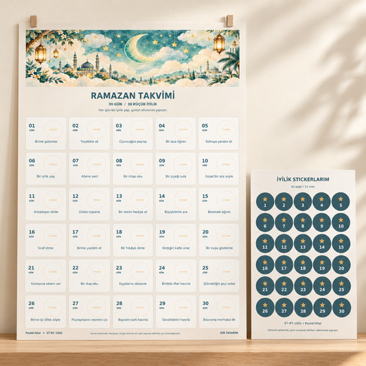 Pastel Hilal Ramazan takvimi ve 30 sticker mockup