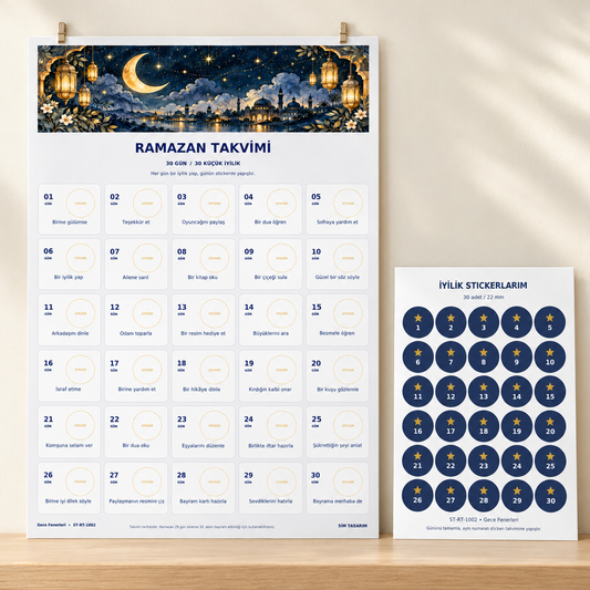 Gece Fenerleri Ramazan takvimi ve 30 sticker mockup