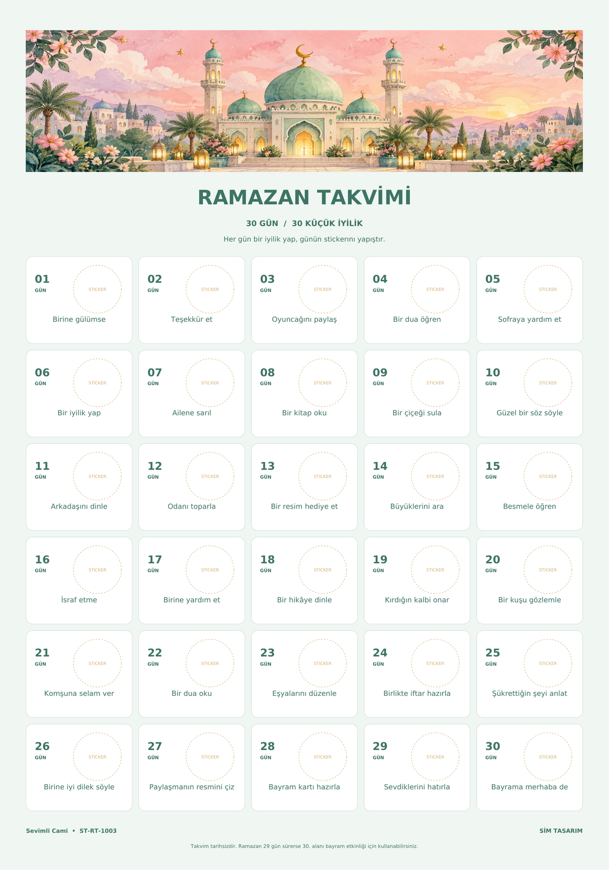 30 günlük takvimin eksiksiz baskı görünümü