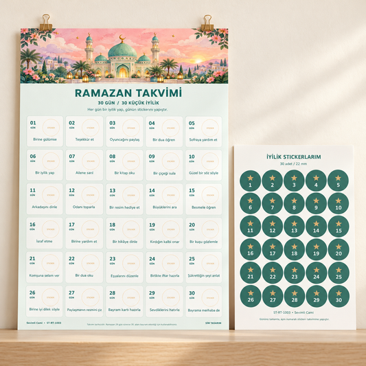 Sevimli Cami Ramazan takvimi ve 30 sticker mockup