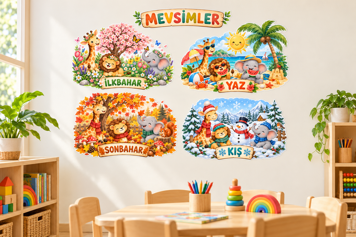 Pastel Safari Mevsimler Sticker Seti – ST-SE-1001 sınıf duvarında uygulama mockup
