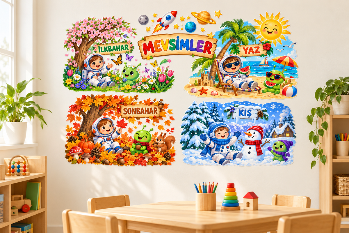 Uzay Mevsimler Sticker Seti – ST-SE-1002 sınıf duvarında uygulama mockup