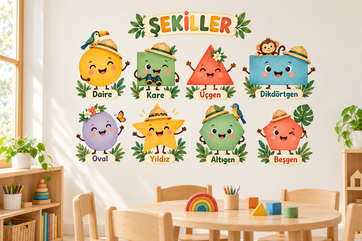 Pastel Safari Şekiller Sticker Seti – ST-SH-1001 sınıf duvarında uygulama mockup