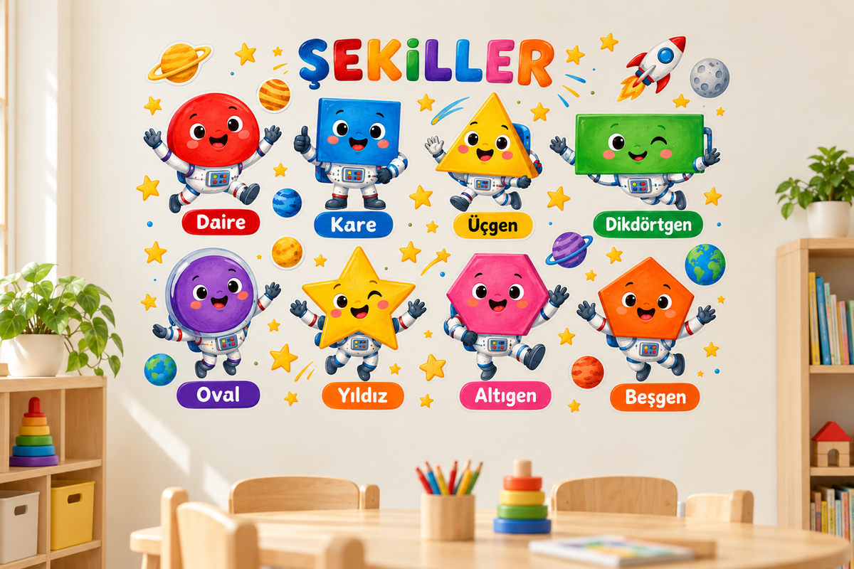 Uzay Şekiller Sticker Seti – ST-SH-1002 sınıf duvarında uygulama mockup