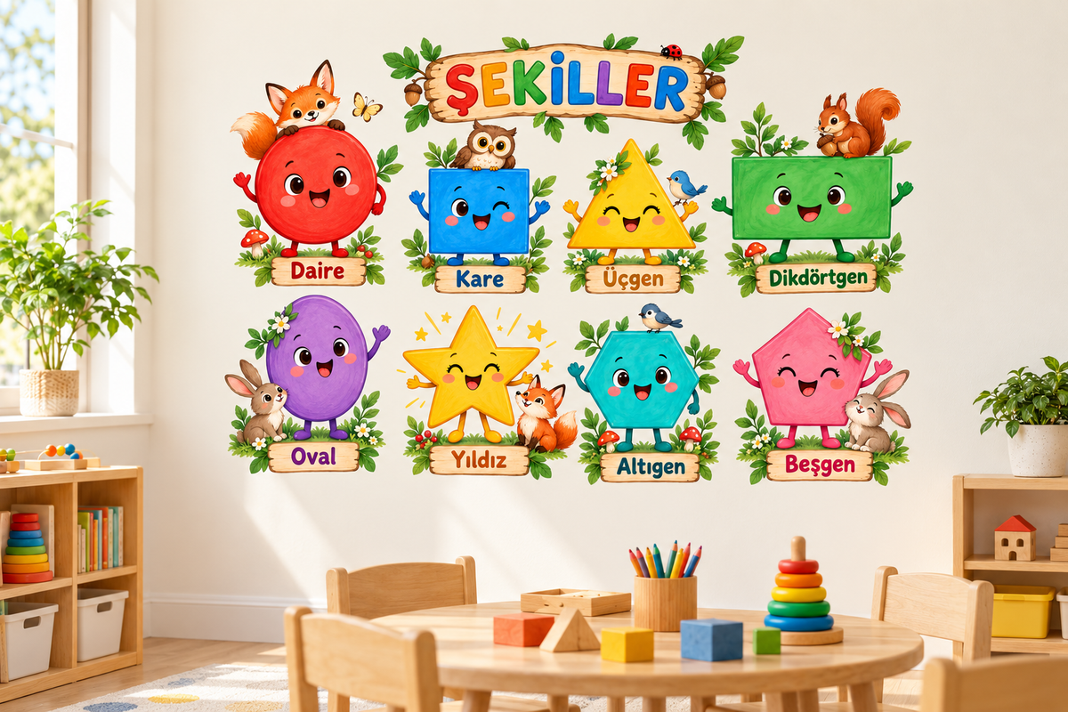 Orman Şekiller Sticker Seti – ST-SH-1003 sınıf duvarında uygulama mockup