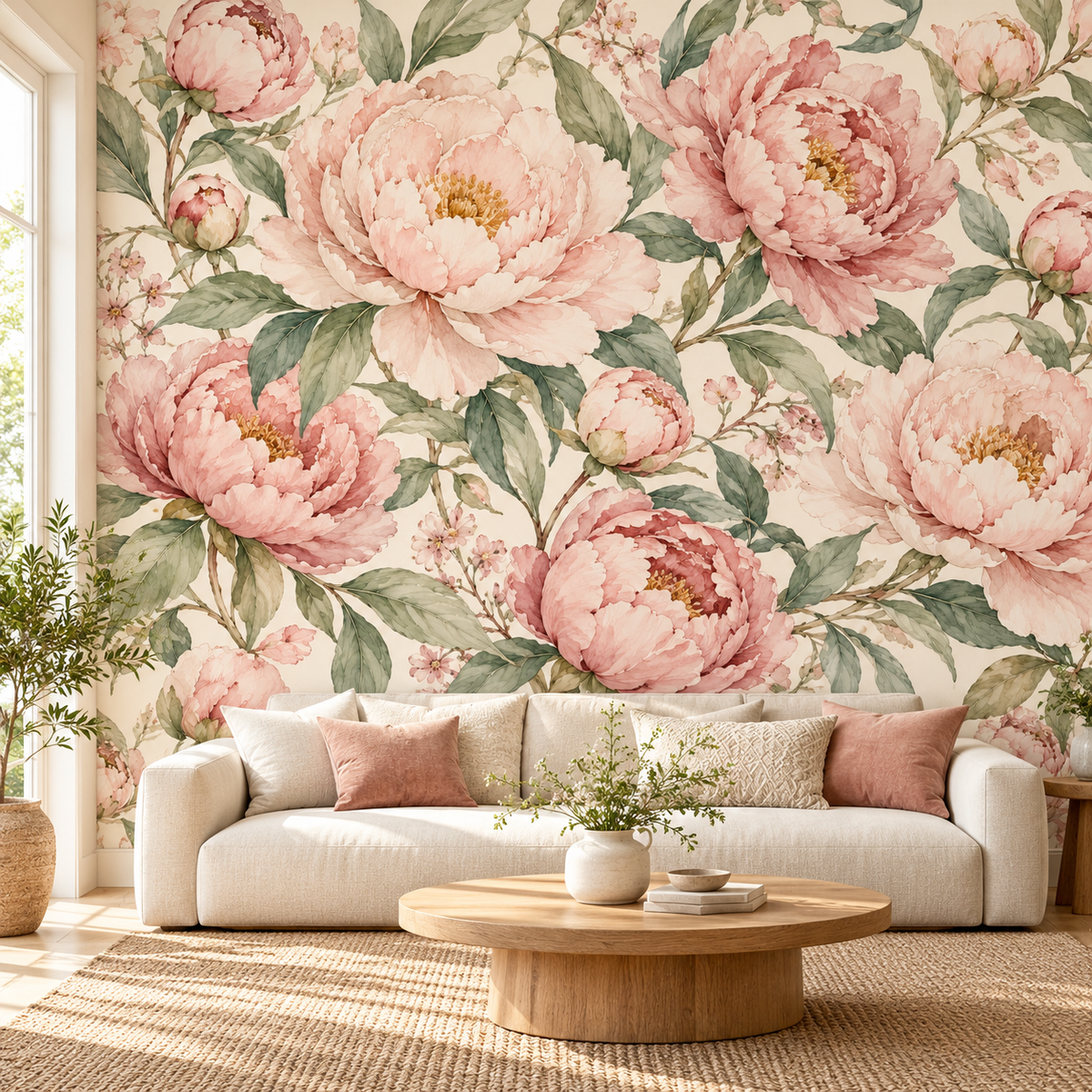 Pembe Şakayık Çiçekli Duvar Kağıdı – ST-WF-1001 oda uygulama görseli