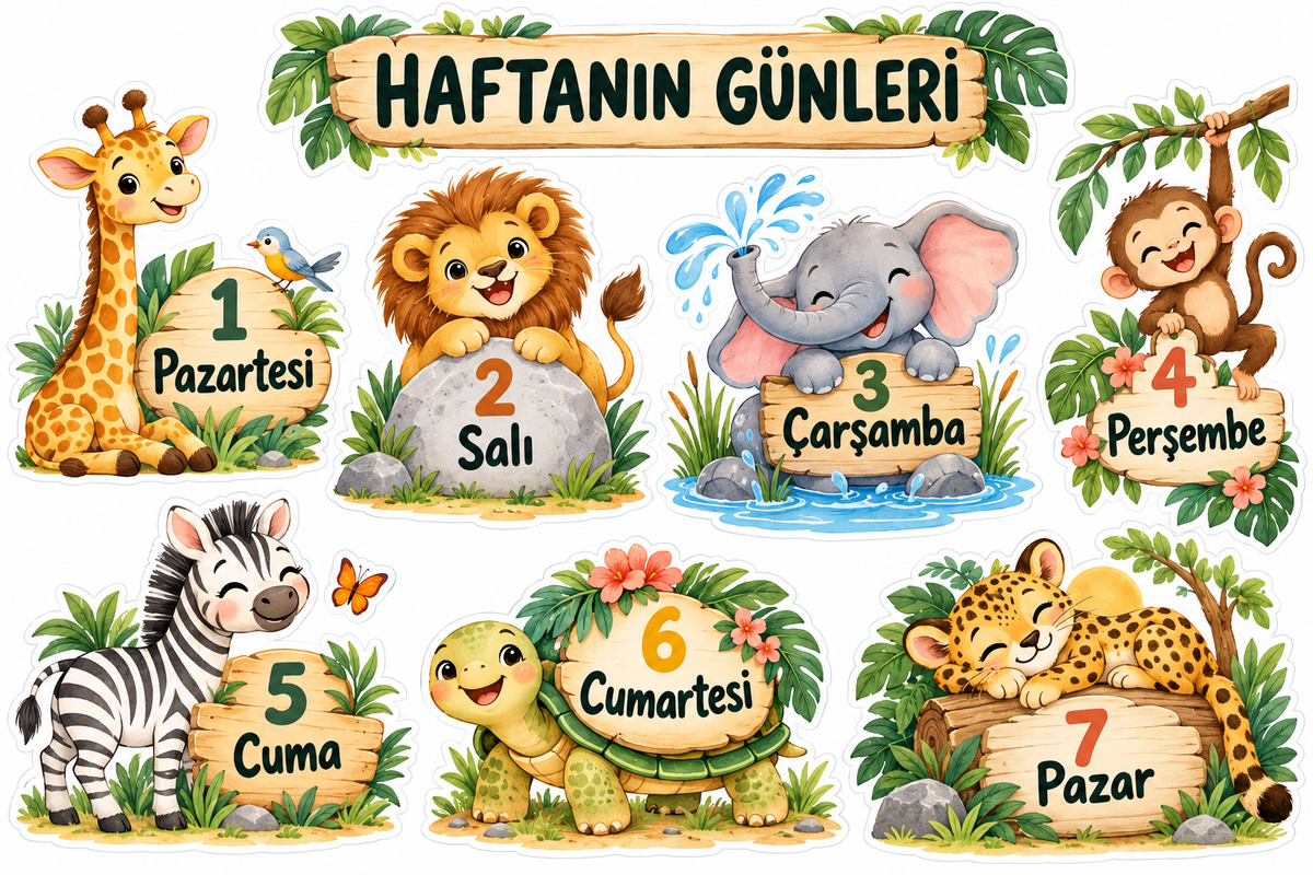 Pastel Safari Haftanın Günleri Sticker Seti – ST-WK-1001 yeni tasarım