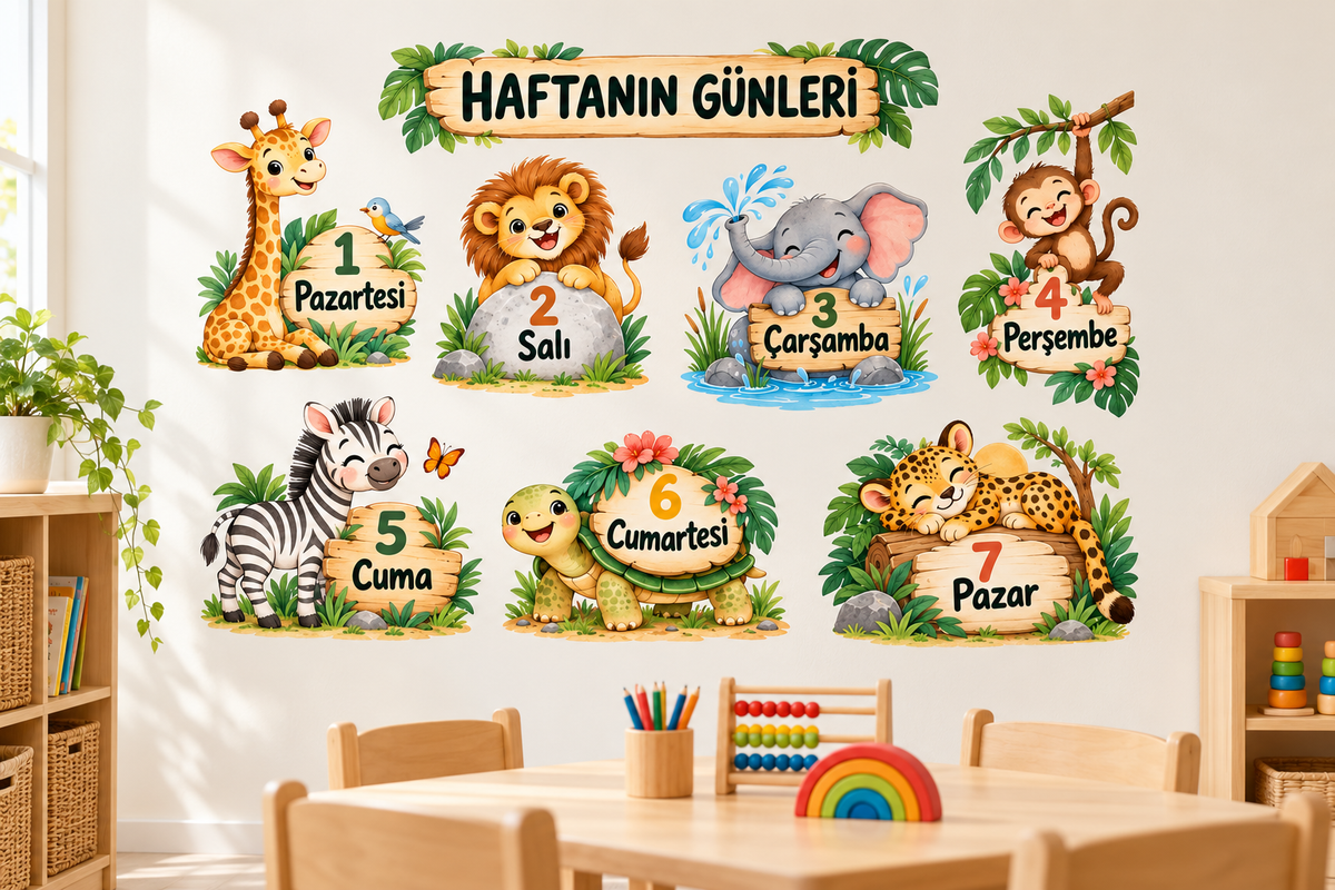 Pastel Safari Haftanın Günleri Sticker Seti – ST-WK-1001 sınıf duvarında uygulama mockup