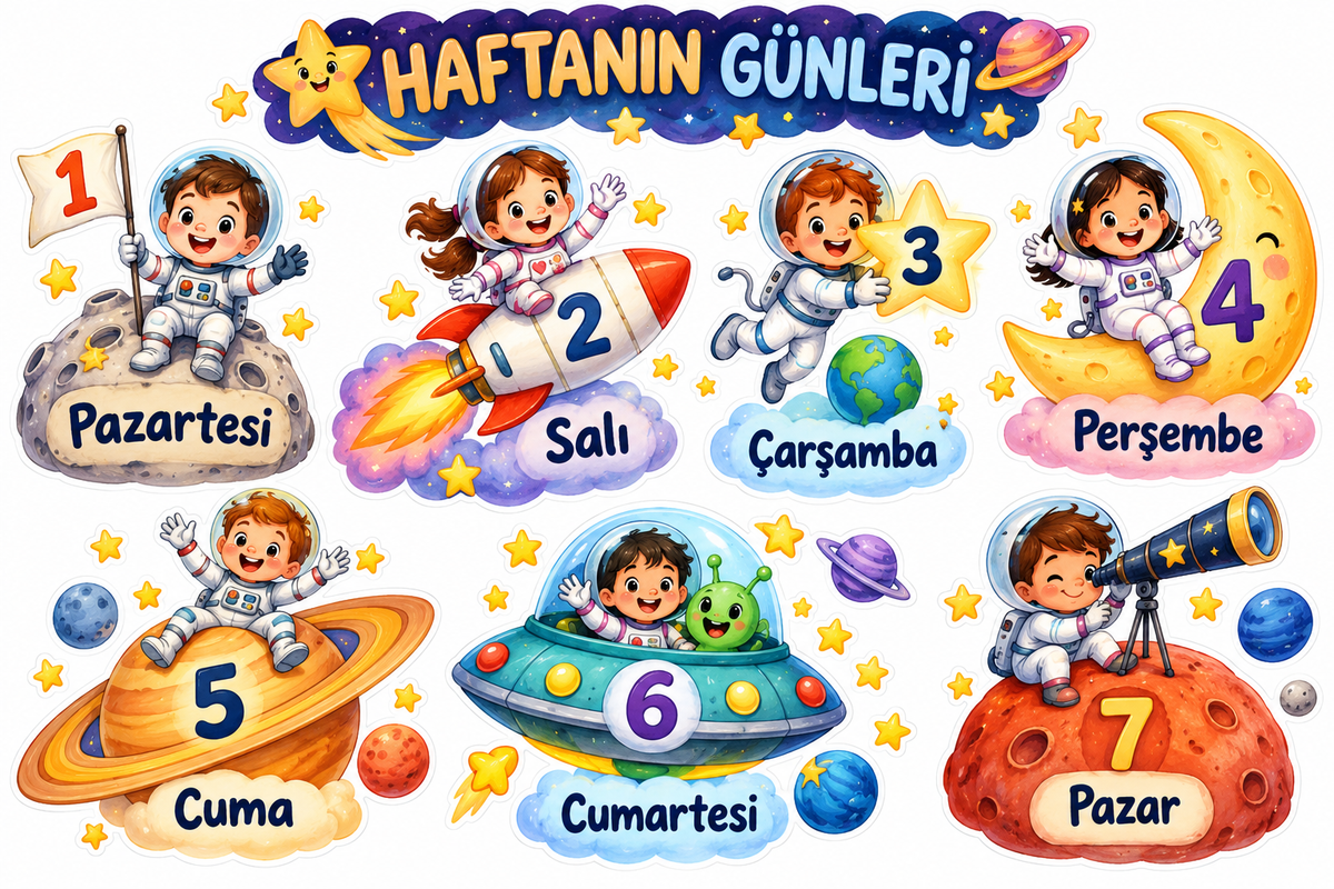 Uzay Haftanın Günleri Sticker Seti – ST-WK-1002 yeni tasarım