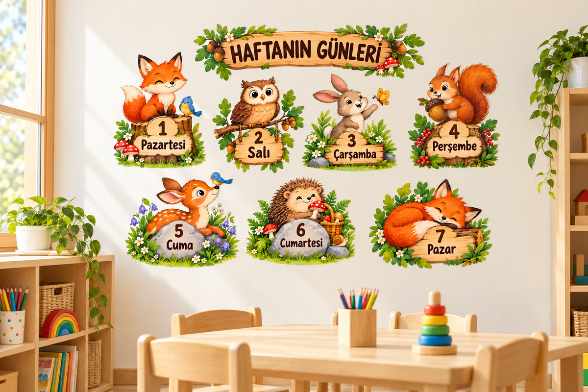 Orman Haftanın Günleri Sticker Seti – ST-WK-1003 sınıf duvarında uygulama mockup