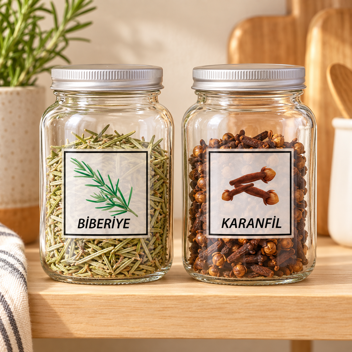 Biberiye ve karanfil şeffaf kavanoz etiketlerinin mutfakta örnek uygulaması