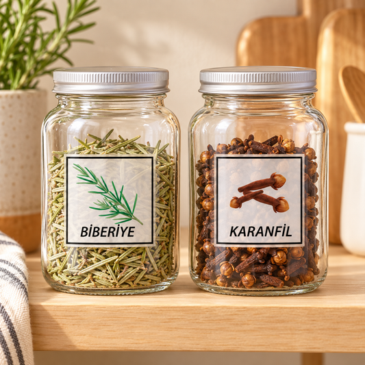 Biberiye ve karanfil şeffaf kavanoz etiketlerinin mutfakta örnek uygulaması