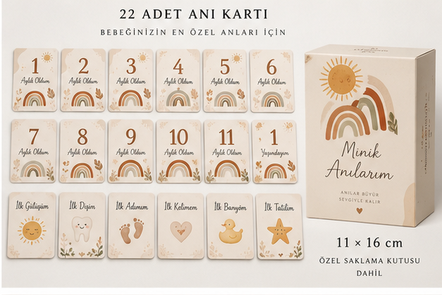 ANI-1001 Boho Gökkuşağı Bebek Anı Kartları – 22 Kart + Saklama Kutusu baskı ve saklama kutusu görünümü