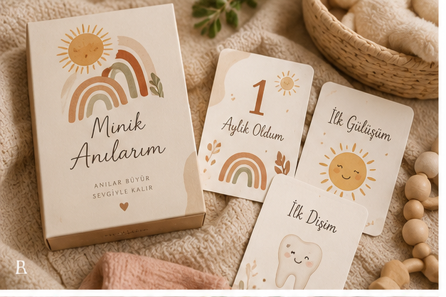ANI-1001 Boho Gökkuşağı Bebek Anı Kartları – 22 Kart + Saklama Kutusu mockup
