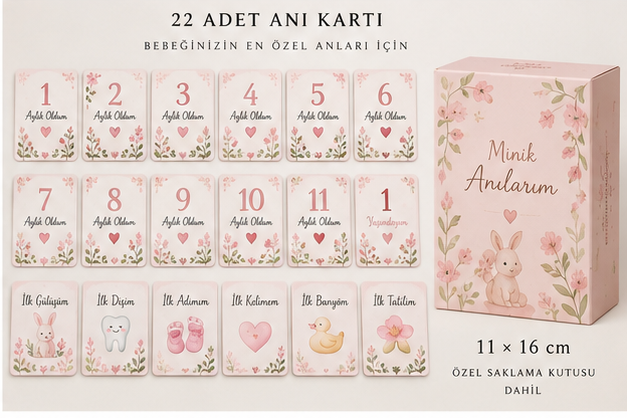 ANI-1002 Pembe Tavşan Bahçesi Bebek Anı Kartları – 22 Kart + Saklama Kutusu baskı ve saklama kutusu görünümü