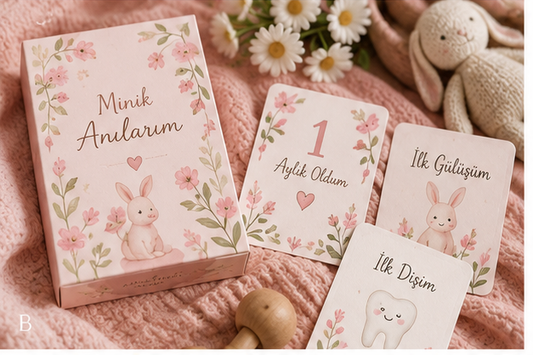 ANI-1002 Pembe Tavşan Bahçesi Bebek Anı Kartları – 22 Kart + Saklama Kutusu mockup